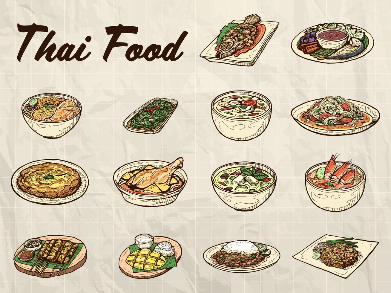 famous Thai food retro art elements vector