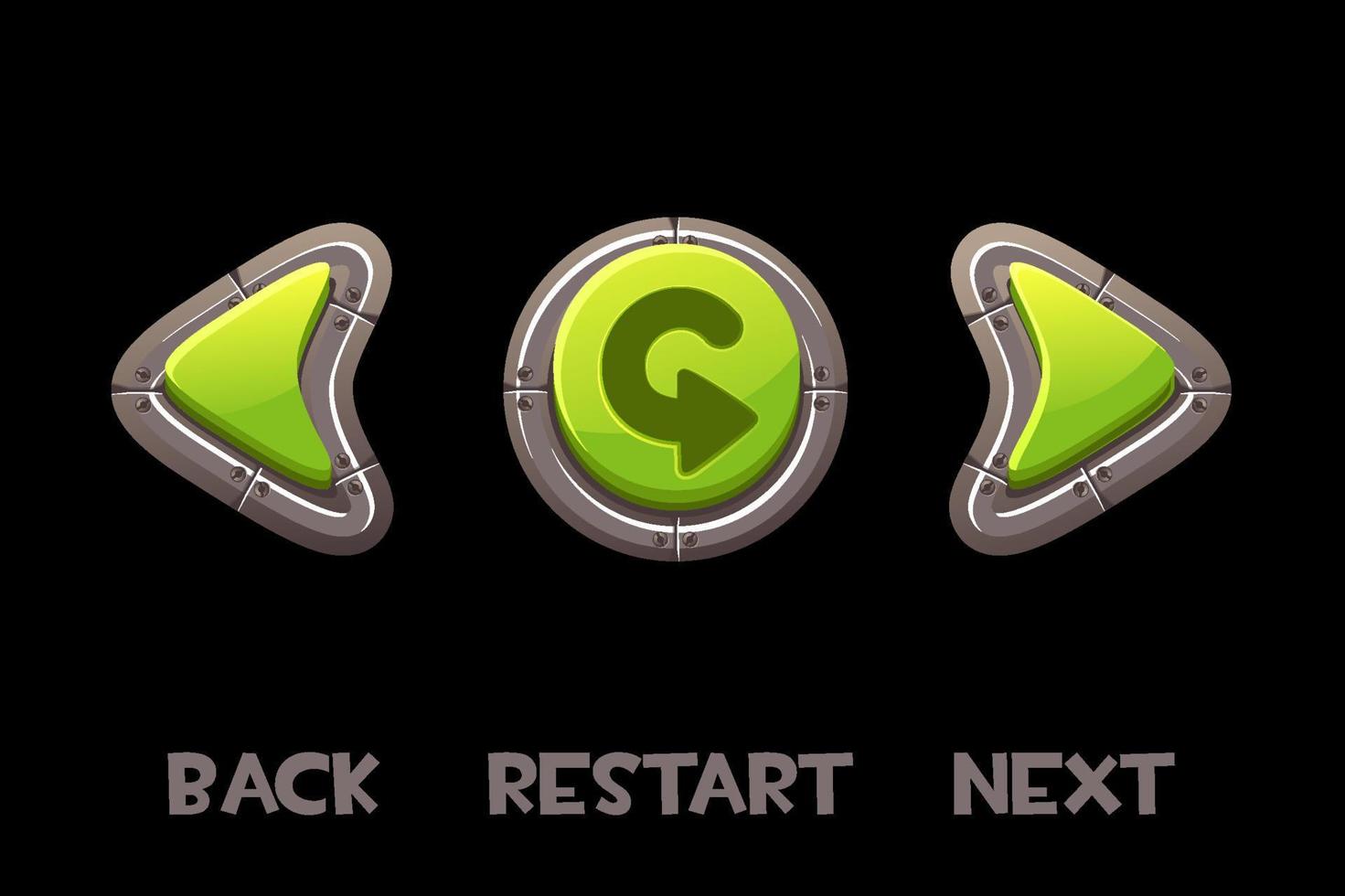 Vector isolated ui metal buttons return, next, back. Set of green buttons for a game interface or menu.