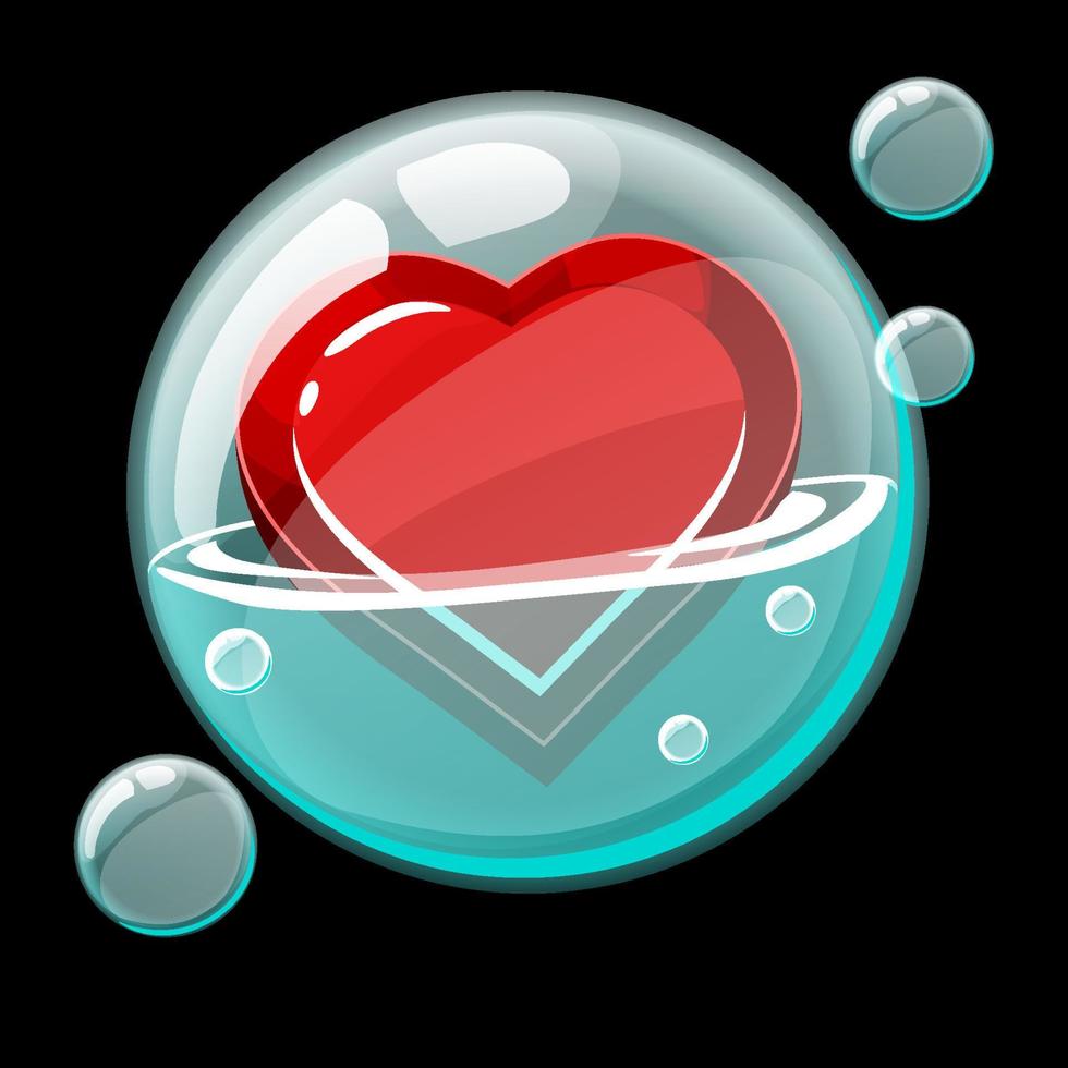 Red heart icon in a big soap bubble. Cartoon cute bubble and heart object. vector