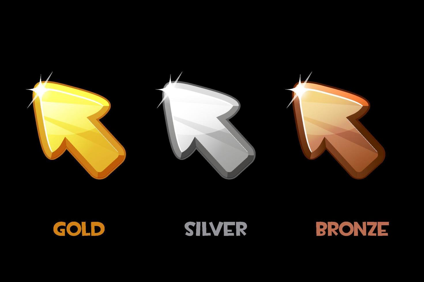 Vector isolated golden, silver and bronze arrows. Illustration of a set of metal cursors for a game.