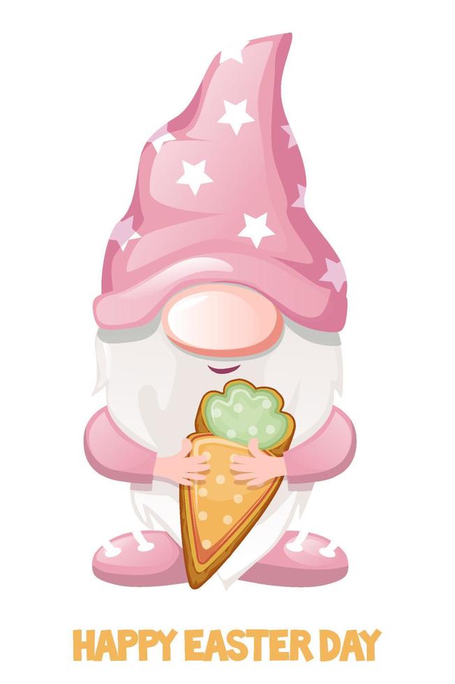 Cute pink gnome with carrot cookies for Easter. vector
