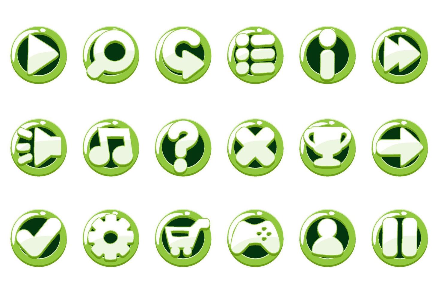 conjunto de botones verdes brillantes para la interfaz gráfica. iconos para juegos con diferentes opciones. vector