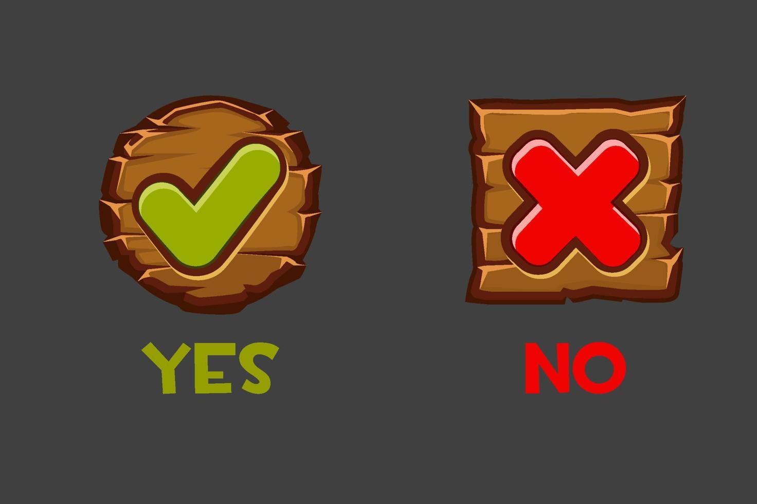 Vector illustration of wooden yes and no buttons. Isolated old wooden buttons for the user interface.