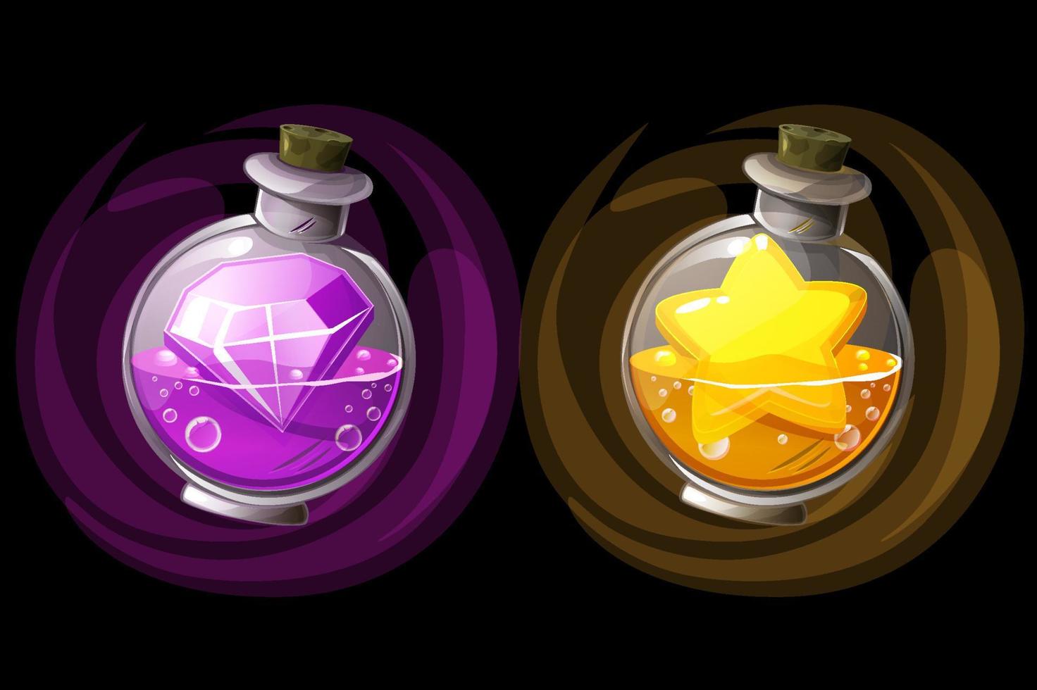 Vector illustration of jars of potions or elixir with icons. Set of bottles of potion with a diamond and a gold star