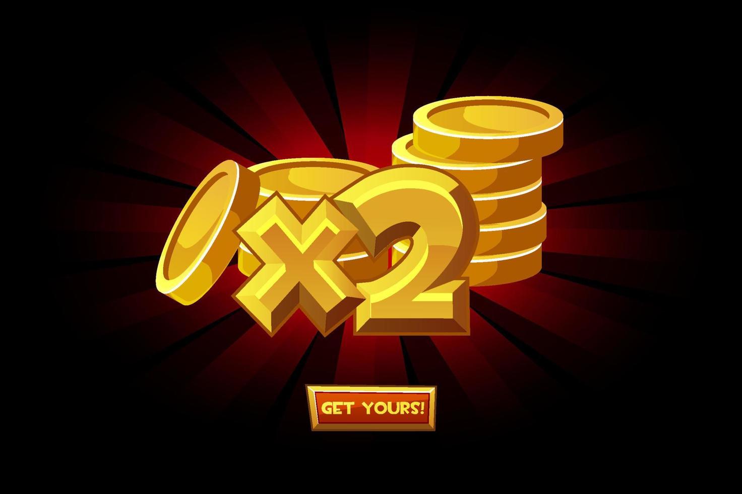 Vector icon of gold coins doubling bonus. Illustration of X2 winning the game, luck, prize.