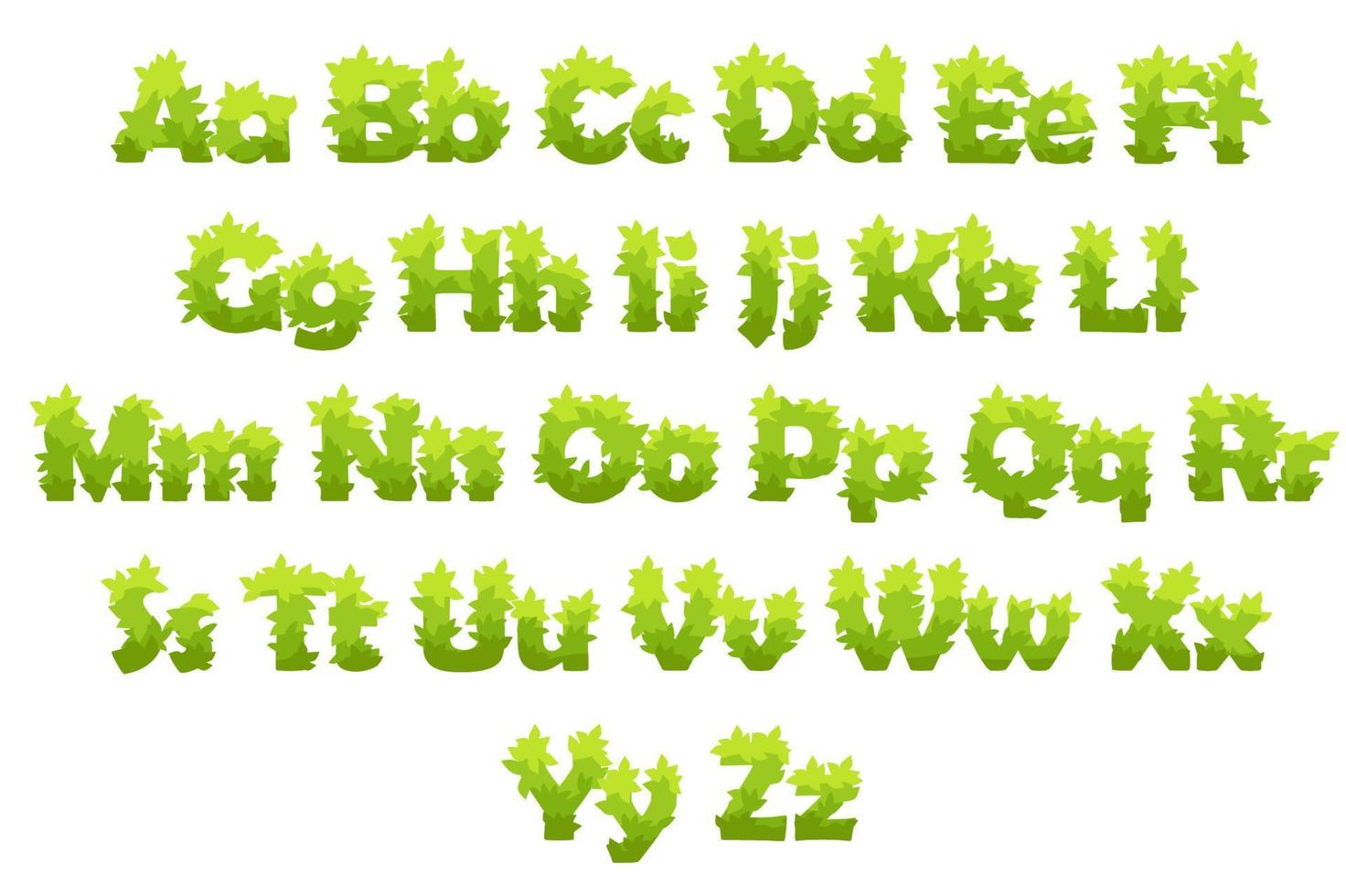 Vector set of cartoon letters from green grass. Illustration of isolated alphabet, letters from leaves.