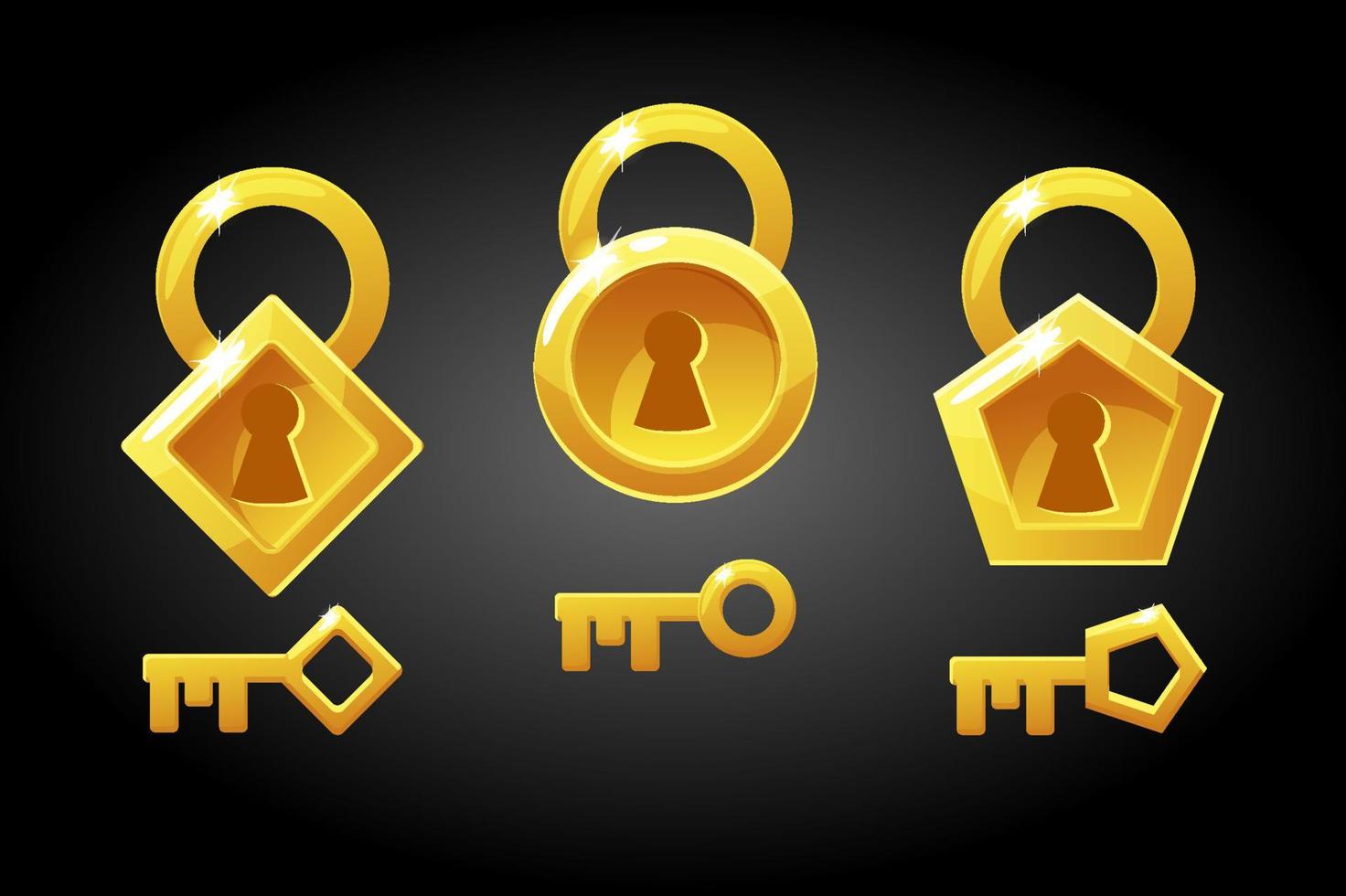 Vector illustration set of golden keys and locks. Collection of geometrical locks.