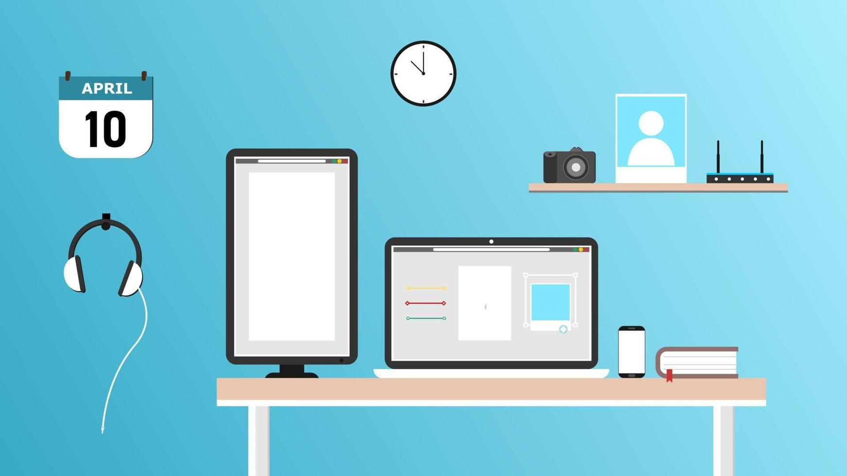 Desktop setup for designer or content creator with multiscreen on workplace table. Flat laptop and monitor screen with design or image editing software or program. Camera, Headphone, Router and Phone. vector