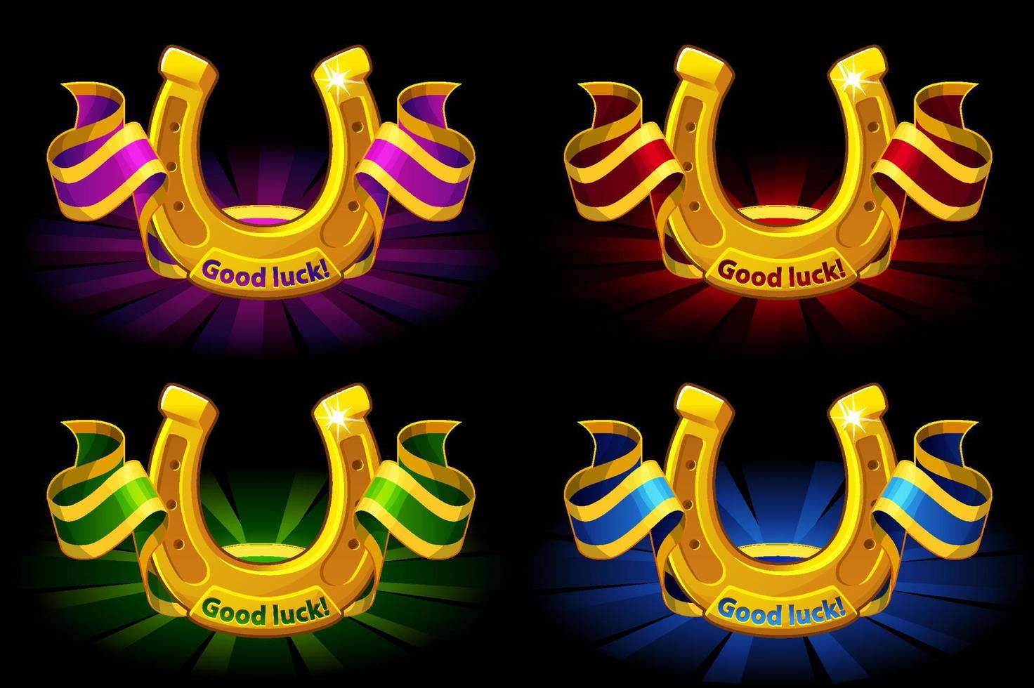 Vector banner golden horseshoes with color ribbons. A set of colorful horseshoes of good luck.