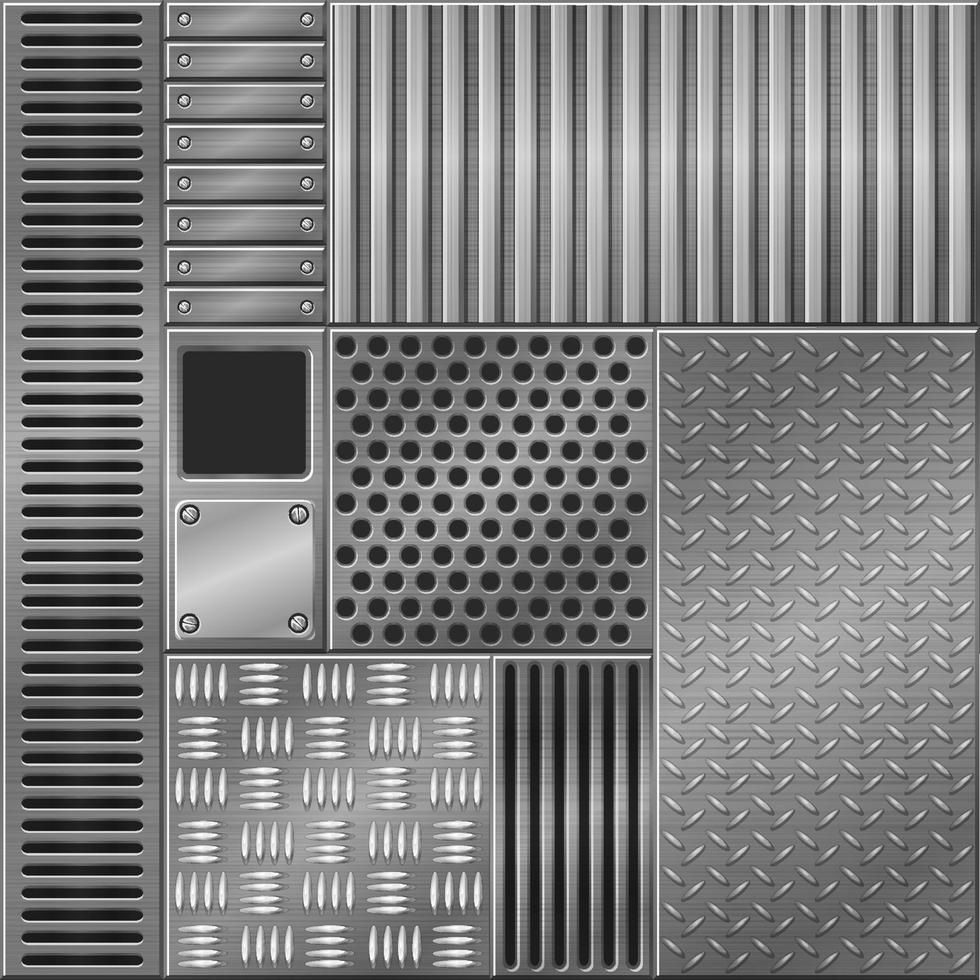 Metallic textured backgrounds, different graphic design patterns. Vector illustration of an iron mesh, lattice, ventilation.