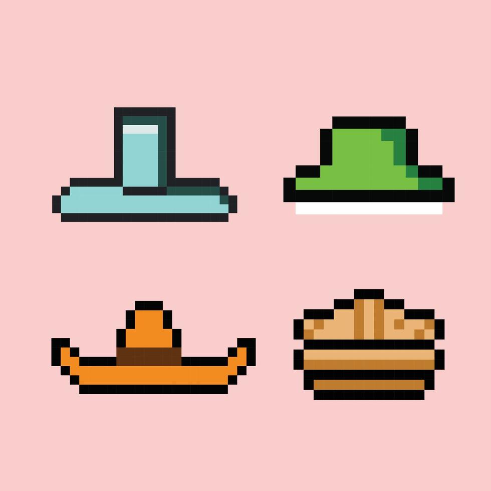 Pixel art hat set 8bit pixel art game sprite item with solid color background vector