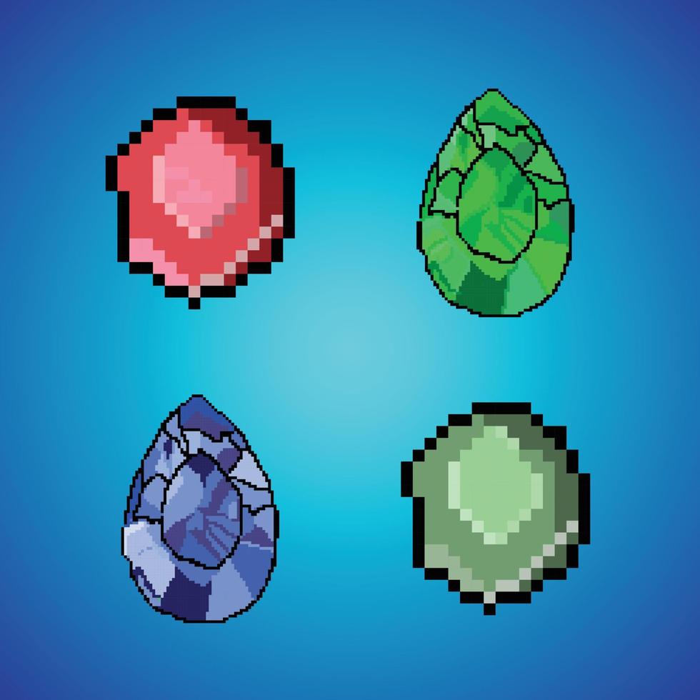 8 bit pixel ruby gemstones and pixel daimond  for game assets and cross stitch patterns in vector illustrations Premium Vector