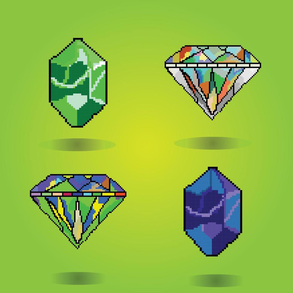 8 bit pixel ruby gemstones and pixel daimond  for game assets and cross stitch patterns in vector illustrations Premium Vector