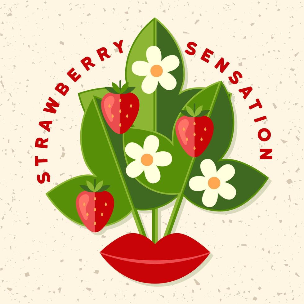 Label with strawberry bush, flowers, ripe berries, red lips, text in simple minimal style. Good for branding, decoration of food package, cover design, decorative apparel print vector