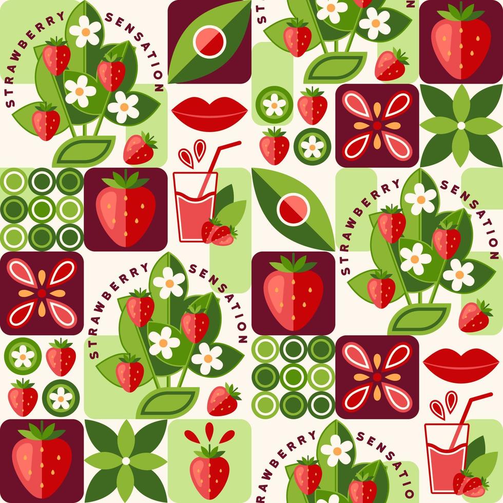 Seamless background with strawberry and abstract geometric shapes. Simple minimal style. Good for branding, decoration of food package, cover design, decorative home kitchen prints vector