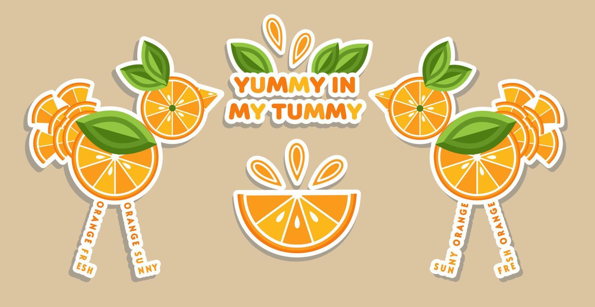 Composition with birds made of orange slices, green leaves. Birds hold between them funny text phrase Yummy in my tummy. Good for decoration of groceries, agriculture stores, kids food packaging vector