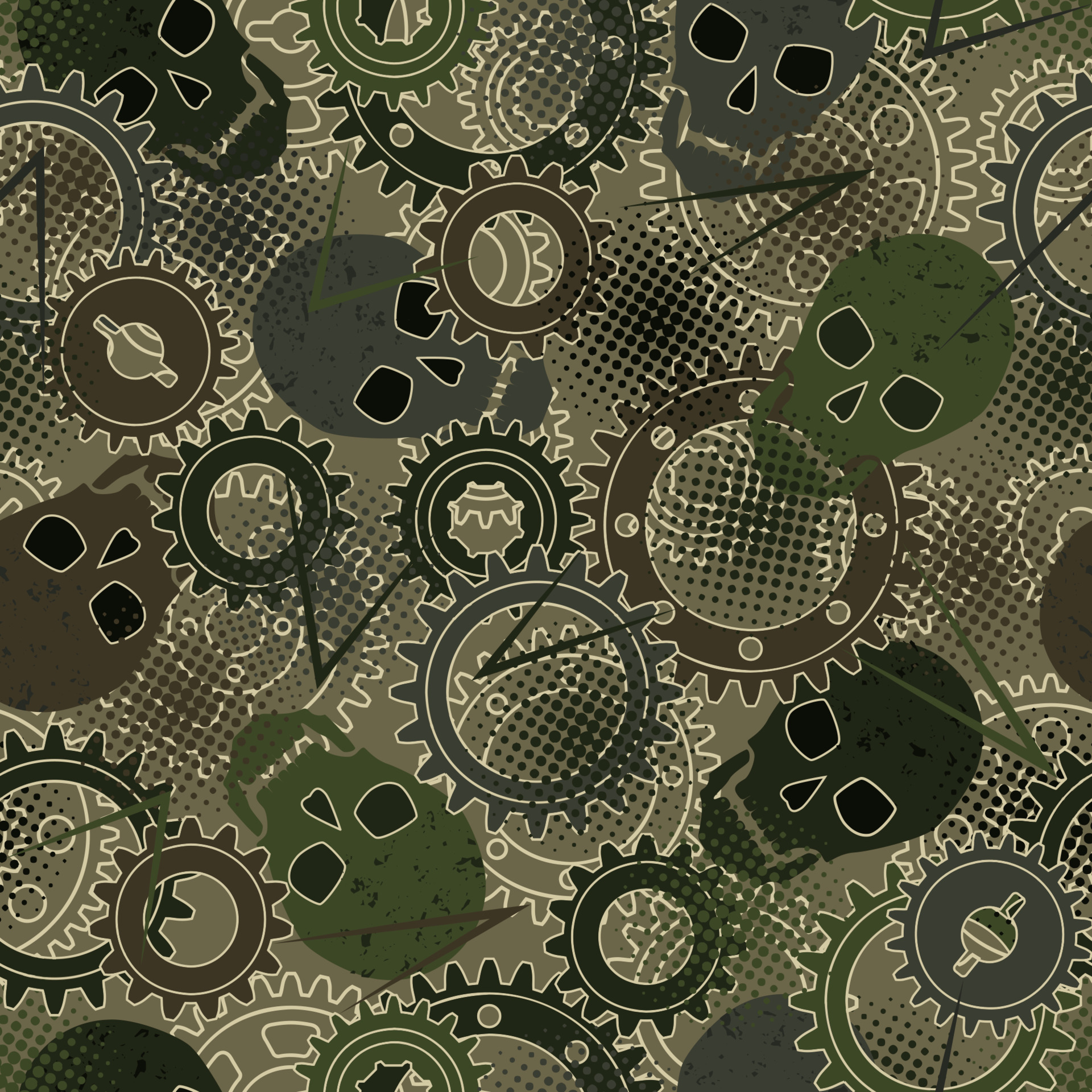 Seamless pattern with silhouette of gears, skulls, dotted halftone