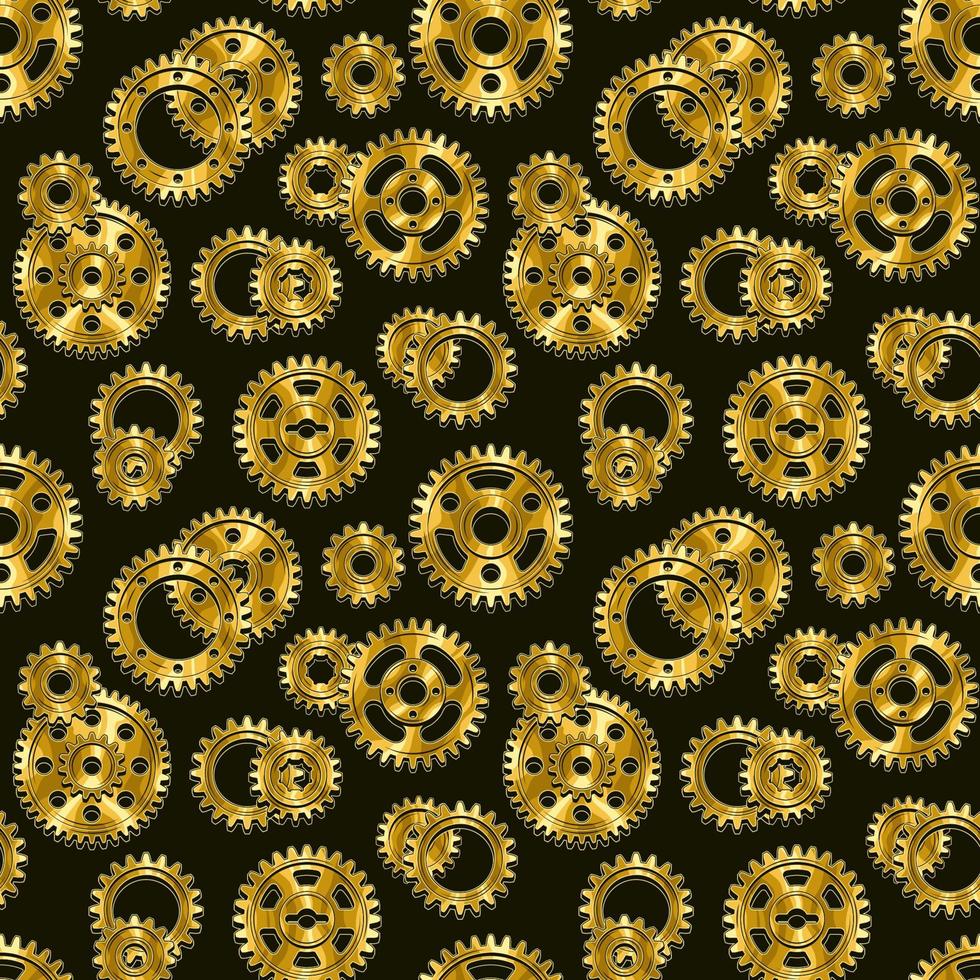 Seamless mechanical pattern with polished gold machine gears on a black background. Steampunk style. vector