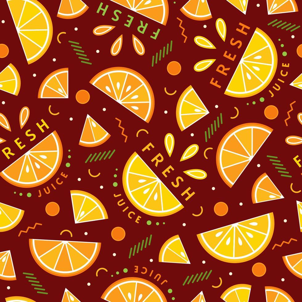 Seamless background with orange, lemon slices, abstract geometric shapes. Memphis geometric elements. Good for branding, decoration of food package, cover design, decorative print, textile, fabric. vector