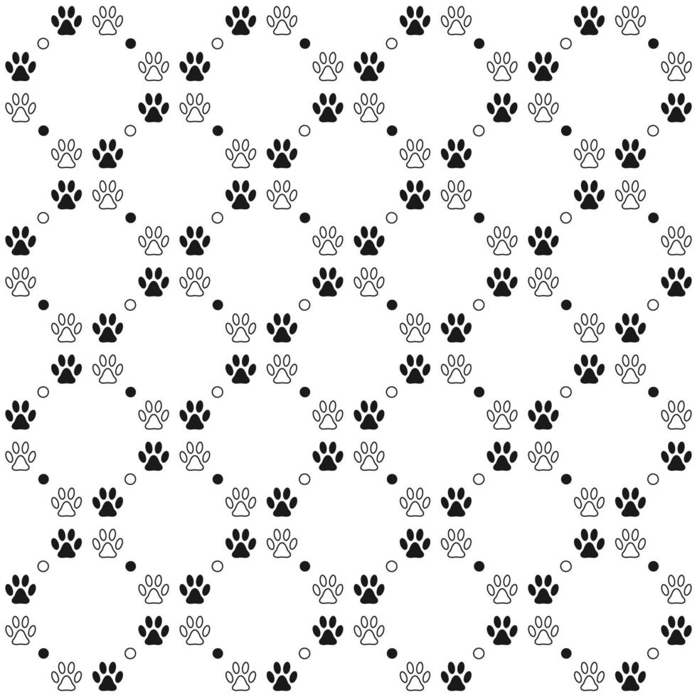 Seamless pattern background with footprints of home pet, square diagonal grid with dots. Black and white. Vector. vector