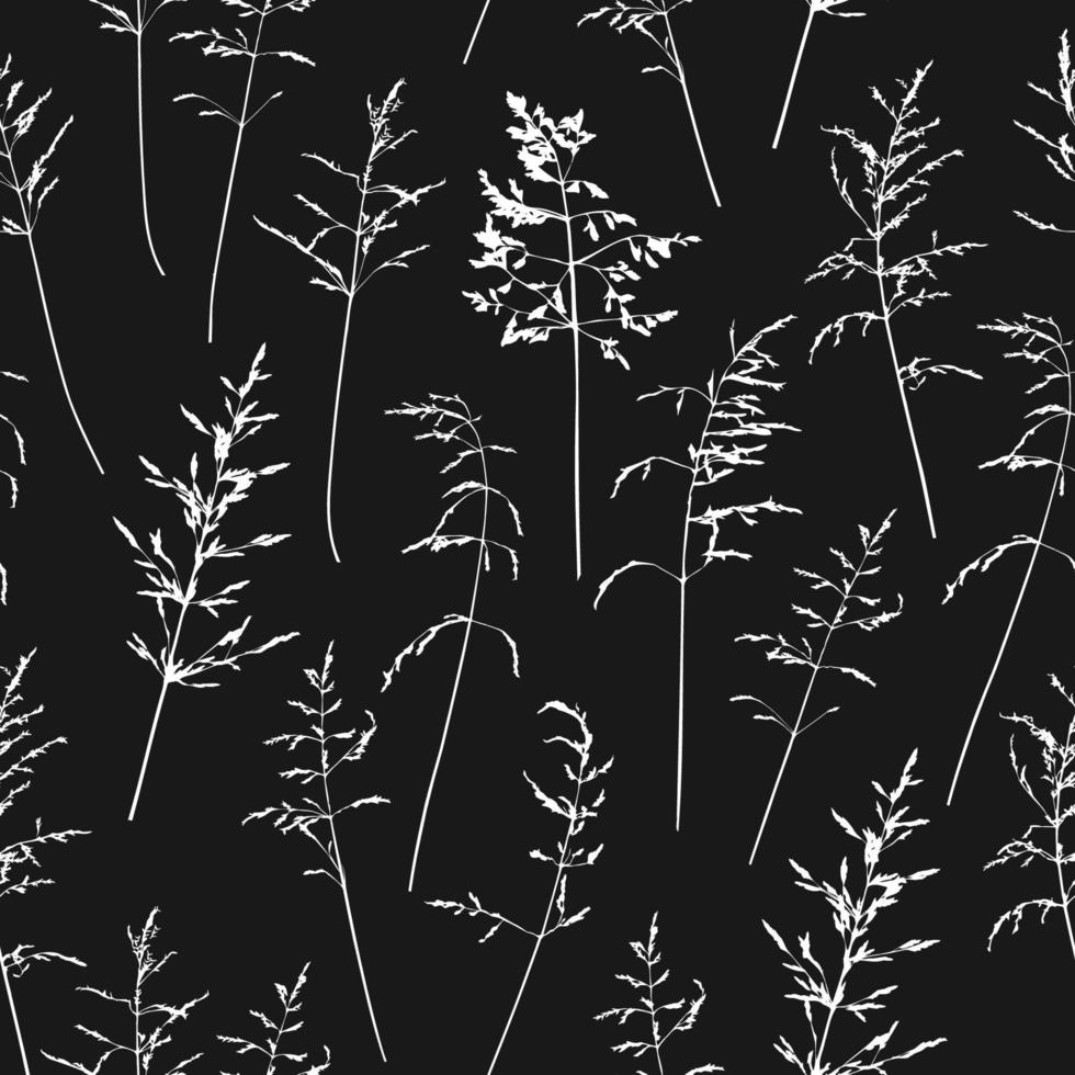 patrón impecable con delicadas siluetas finas de hierbas silvestres secas. fondo de hierba salvaje simple. textura floral para el diseño de la superficie. blanco sobre negro vector