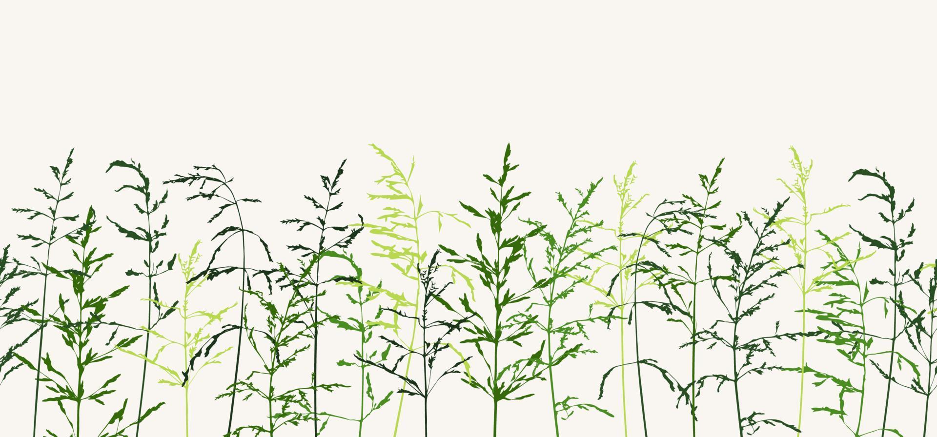 Borde horizontal sin costuras con siluetas finas y delicadas verdes de hierbas silvestres secas. fondo de hierba salvaje simple. silueta de hierba de pradera en fila sobre fondo claro. vector