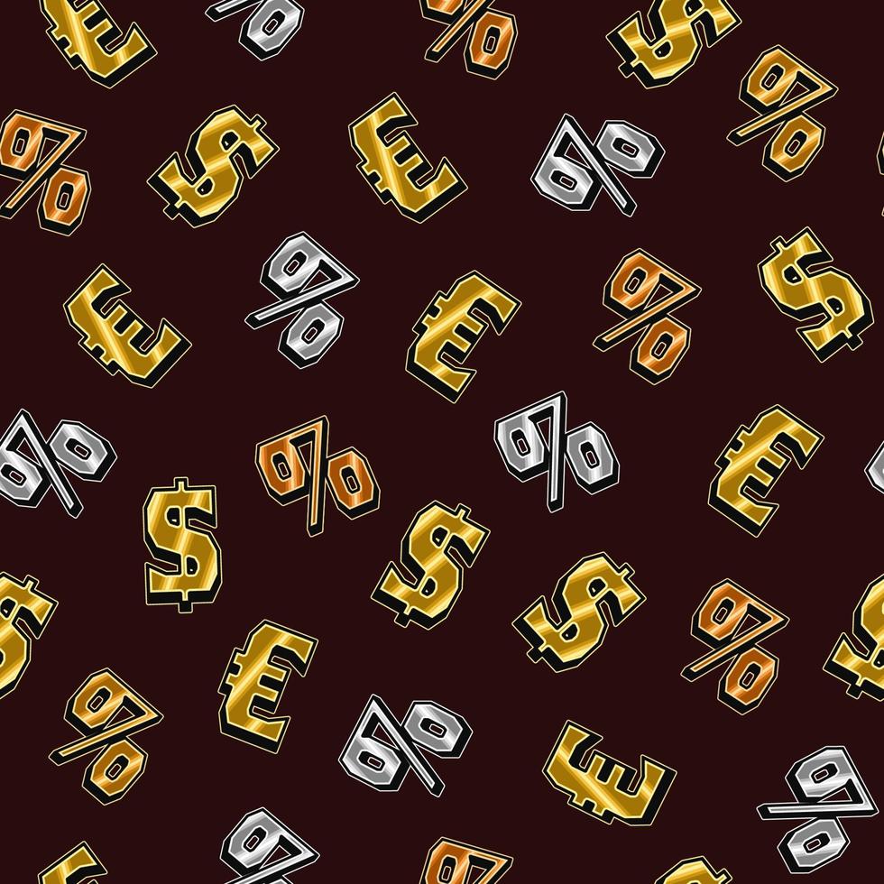 Seamless pattern with gold, silver, bronze US dollar, euro and percent symbols on brown background. Vintage style. vector