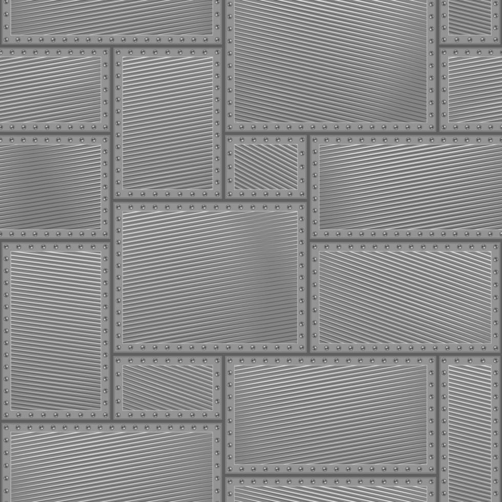 Seamless tiled background with textured metal plates with rivets. Illustration with retro hatching. Steampunk vintage style. vector