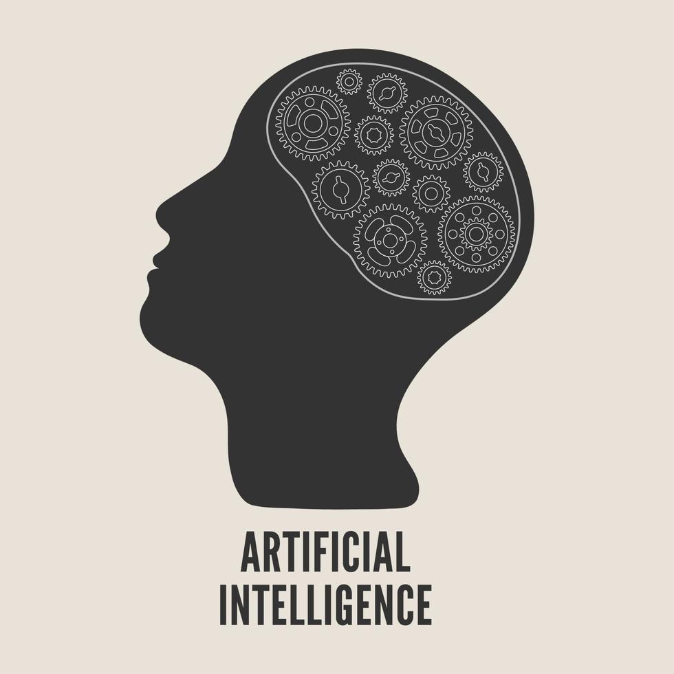 Black silhouette of human head with white contour gears inside brain. Concept of Artificial intelligence vector