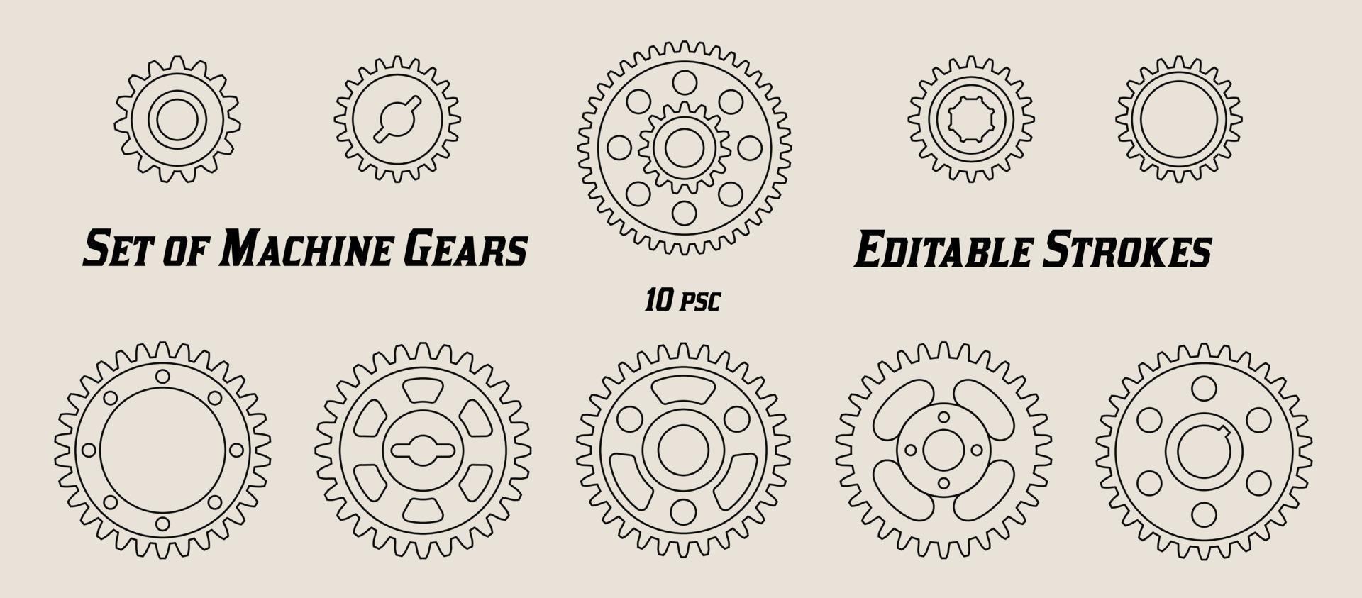 Set of machine gears with editable strokes. Simple shapes in line art style. Vector. vector