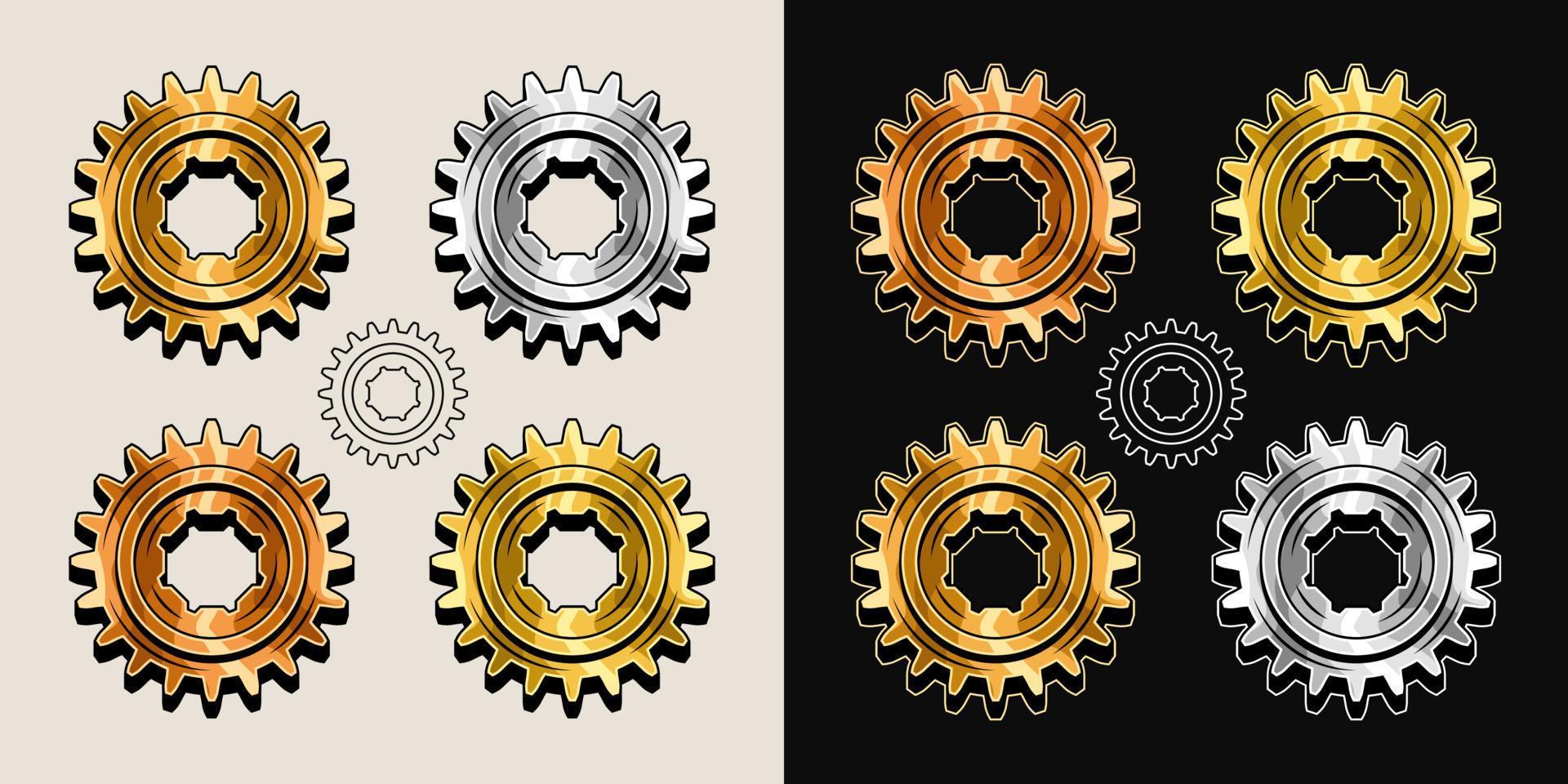 Gold, brass, copper, steel polished gears in vintage style. Base shape of gears with editable strokes. Good for decoration in steampunk style. Vector. vector