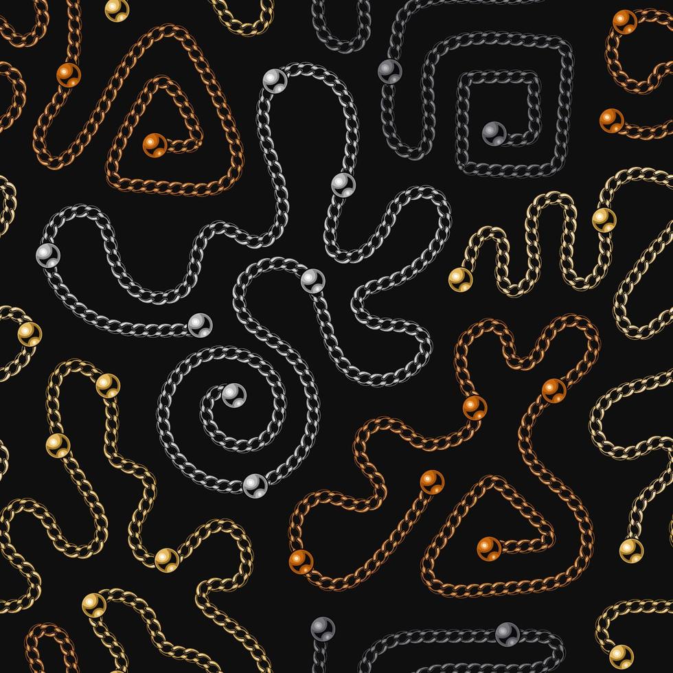 patrón impecable con varias formas abstractas de cadenas de metal brillante y cuentas sobre fondo negro. colores dorado, plateado, bronce, acero negro. ilustración vectorial para impresión, tela, textil. vector