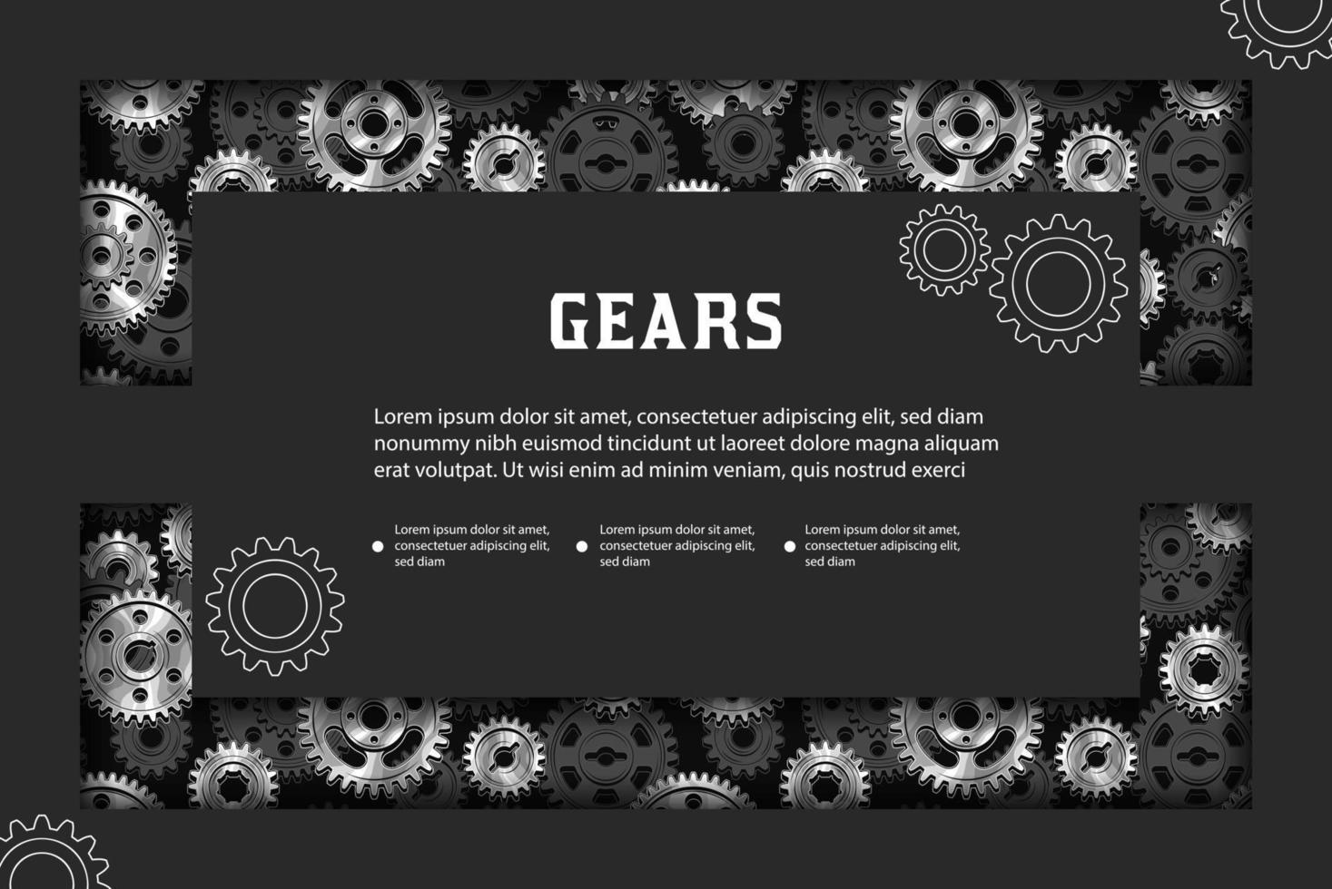 Black rectangular background with technology black and silver steel gears, space for text. Business template. vector