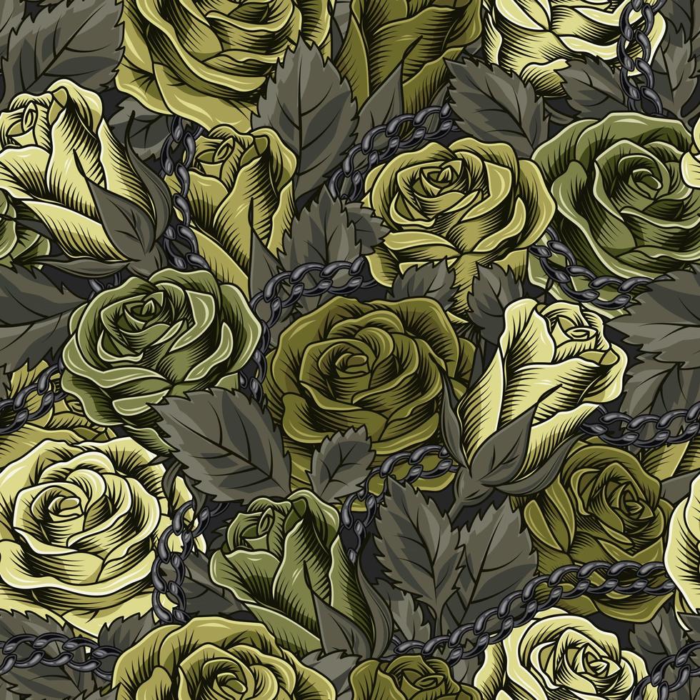 patrón de camuflaje con exuberantes rosas verdes florecientes, hojas grises, cadenas inoxidables. composición densa con elementos superpuestos. bueno para ropa femenina, telas, textiles, artículos deportivos. vector