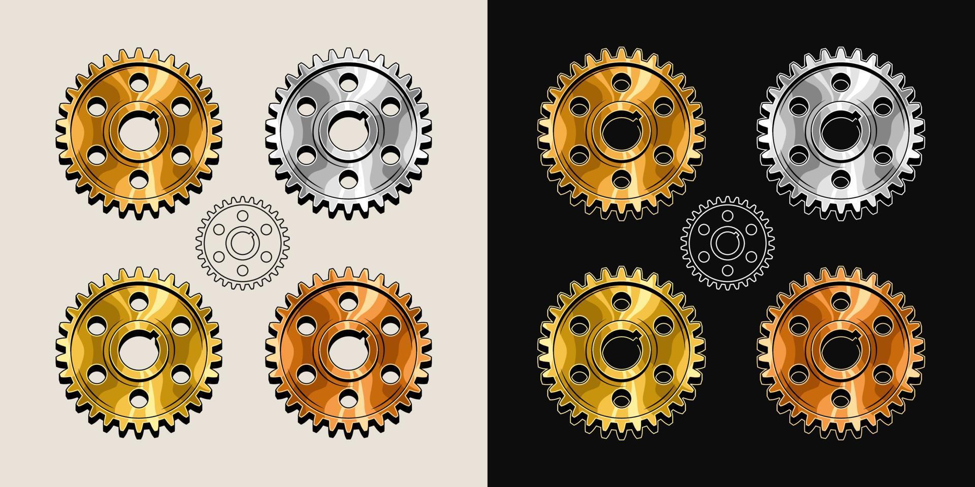 Gold, brass, copper, steel polished gears in vintage style. Base shape of gears with editable strokes. Good for decoration in steampunk style. Vector