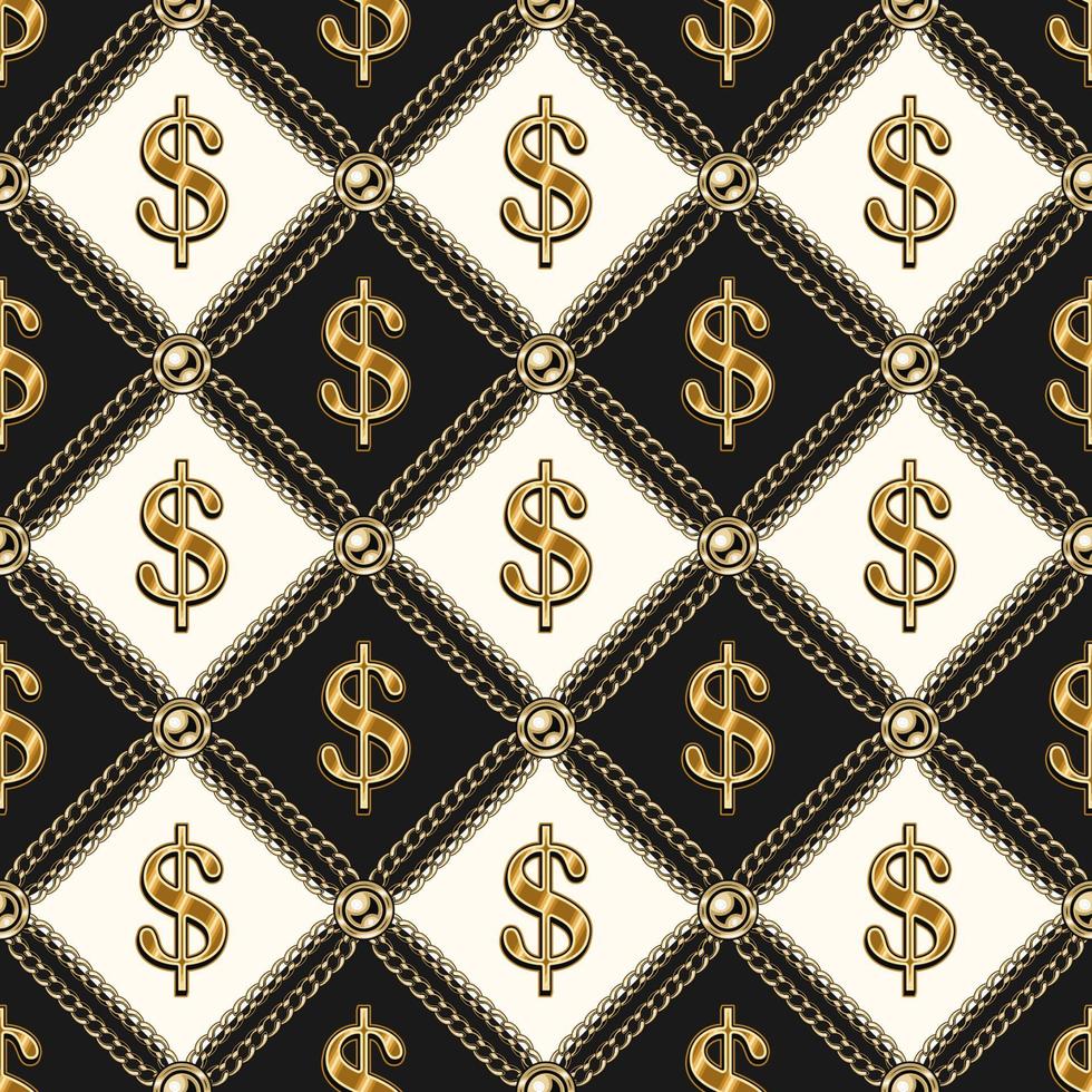 Staggered luxury vintage black and white pattern with shiny gold dollar sign, gold chains, beads. Vector seamless background.