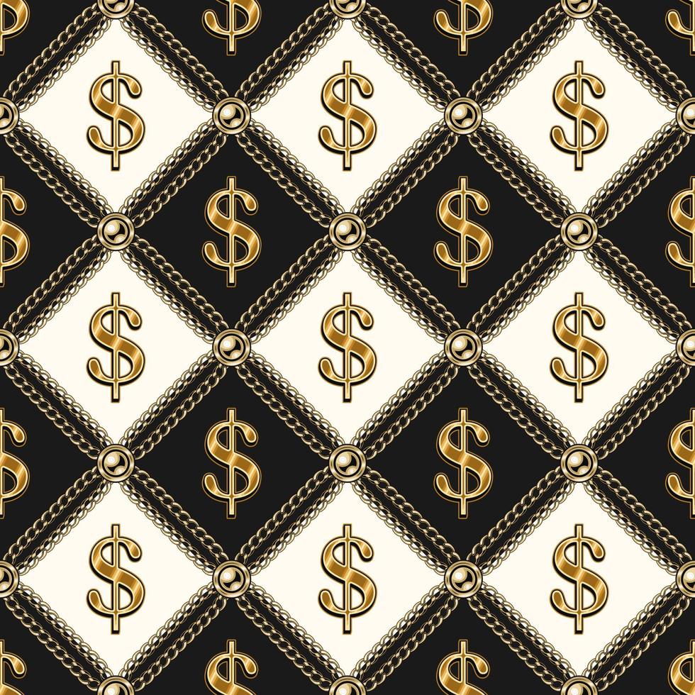 patrón blanco y negro vintage de lujo escalonado con signo de dólar de oro brillante, cadenas de oro, cuentas. fondo transparente de vector. vector