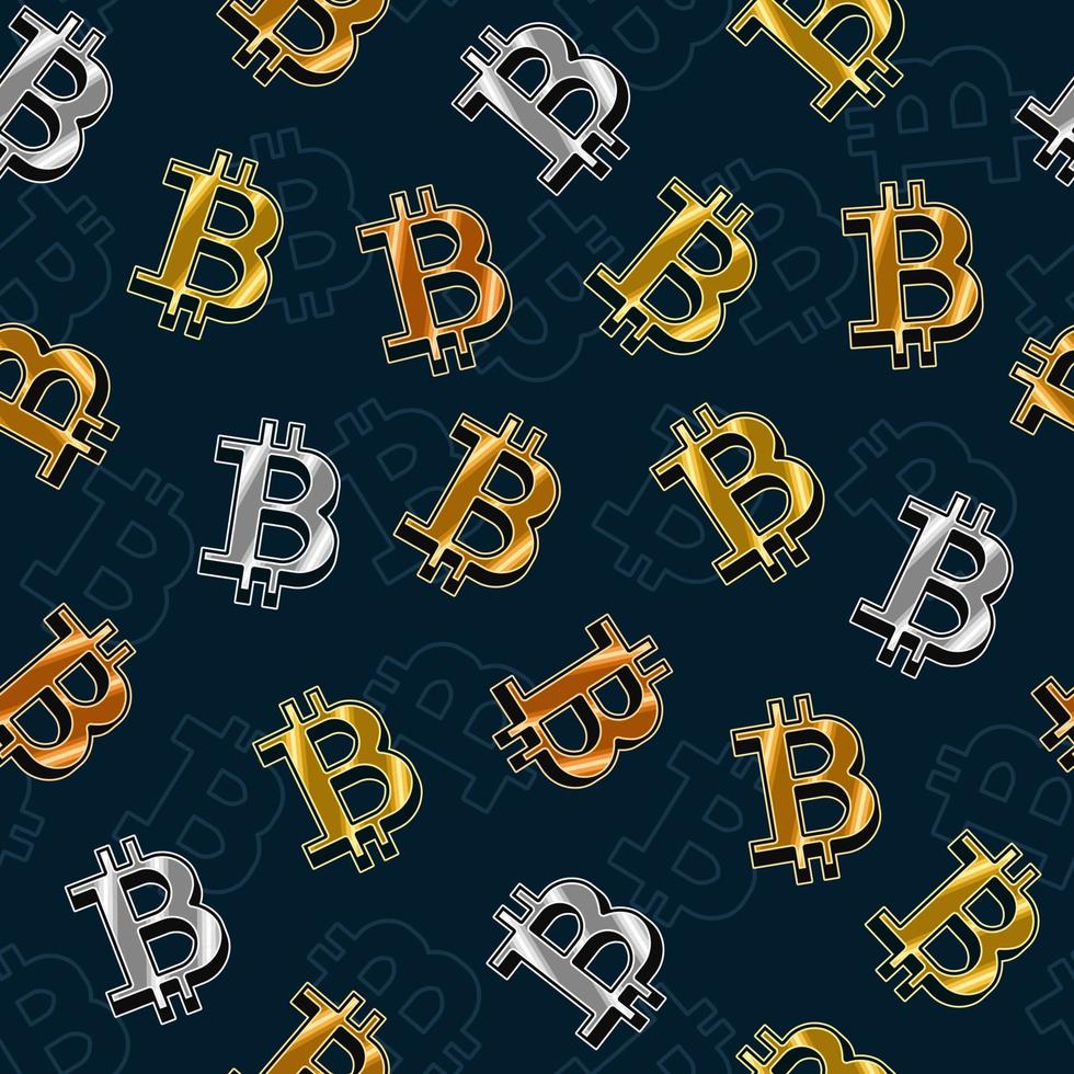 Seamless pattern with gold, silver, bronze bitcoin symbols on dark blue background. Cryptocurrency, digital money pattern. Vector illustration.