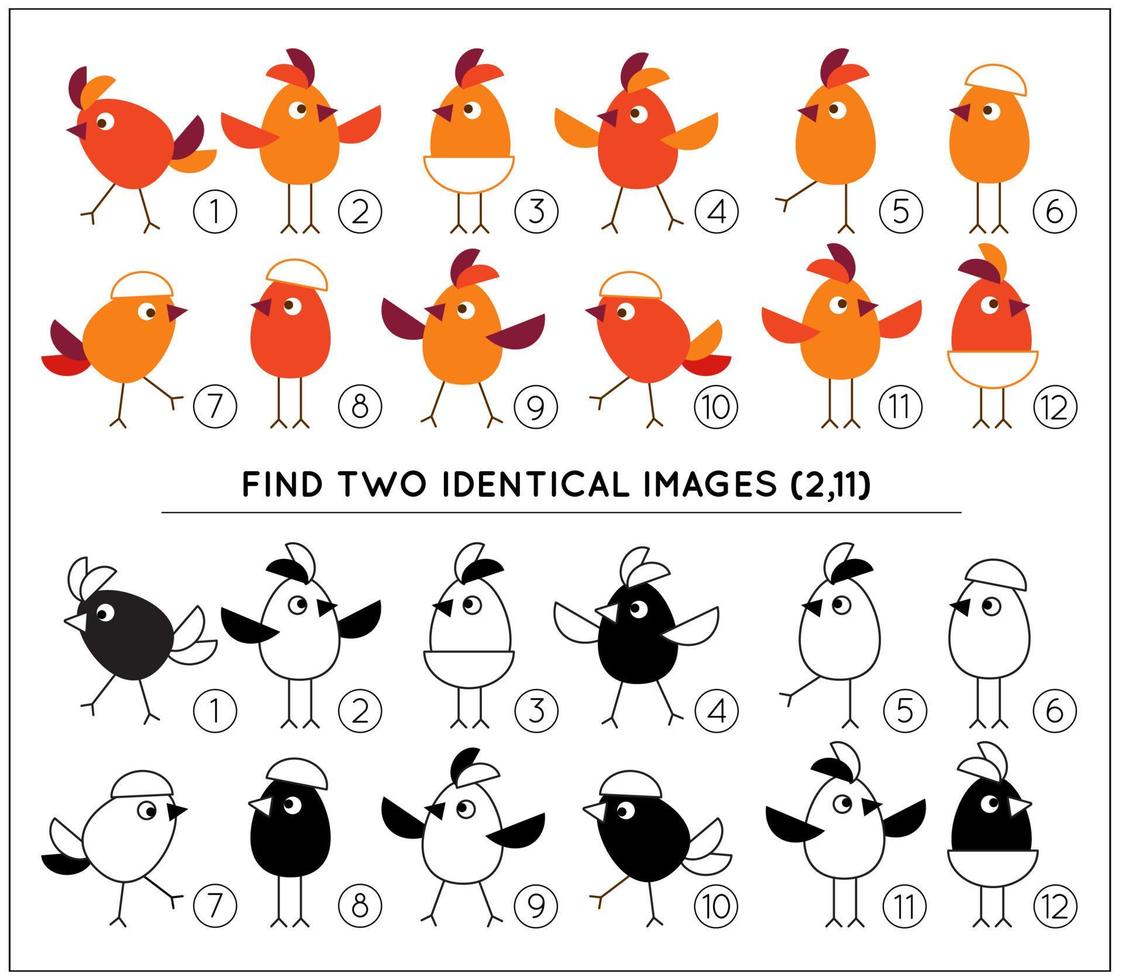 The educational kid matching game. For preschool kids. Task is to compare items and find two identical chicks. Small cute birdies on thin legs. Vector illustration