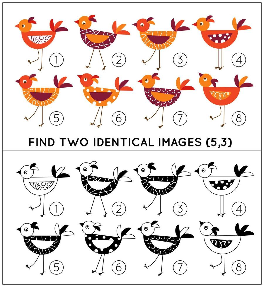 The educational kid matching game. For preschool kids. Task is to compare items and find two identical birds. Small cute birdies on thin legs. Vector