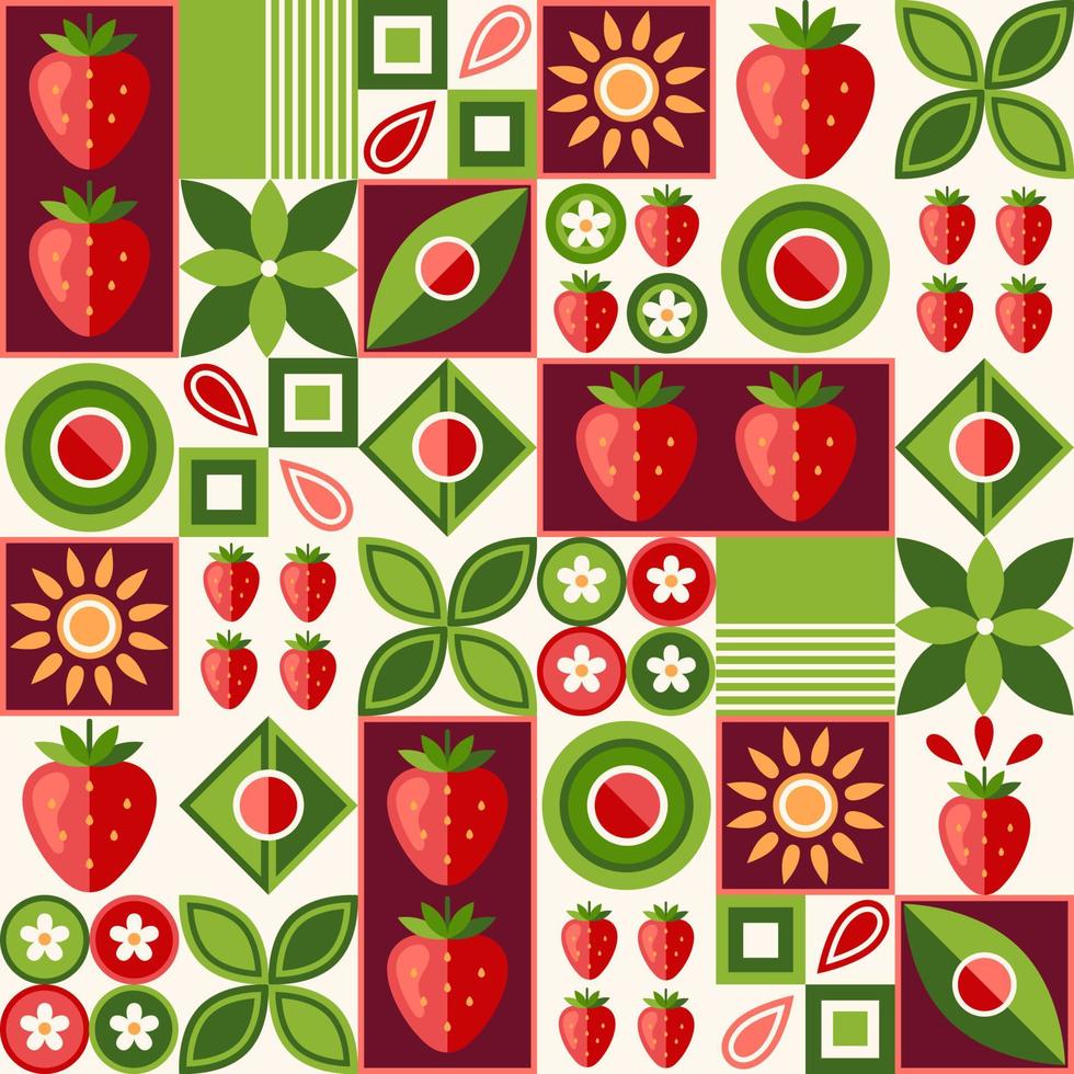 Seamless background with strawberry and abstract geometric shapes. Simple minimal style. Good for branding, decoration of food package, cover design, decorative home kitchen prints vector