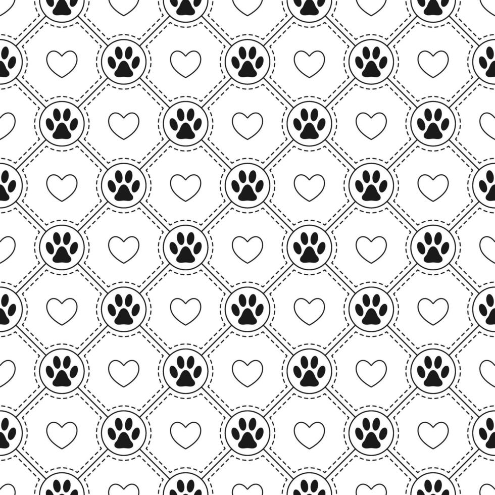 Seamless pattern background with hearts, footprints of home pet in circles, square diagonal grid with dotted line. Black and white. Vector. vector