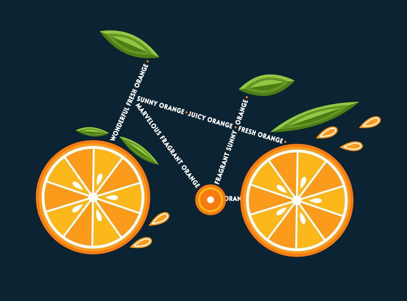 Emblem in a shape of bicycle made of orange slices, green leaves, text caption. Healthy lifestyle concept. Good for decoration of food packaging, groceries, agriculture store vector