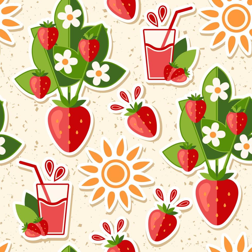 sin fisuras con jugosas fresas, batido, sol, arbusto de fresa sobre fondo texturizado con pequeñas partículas como polvo. ilustración brillante simple. para la decoración de envases de alimentos, láminas decorativas vector