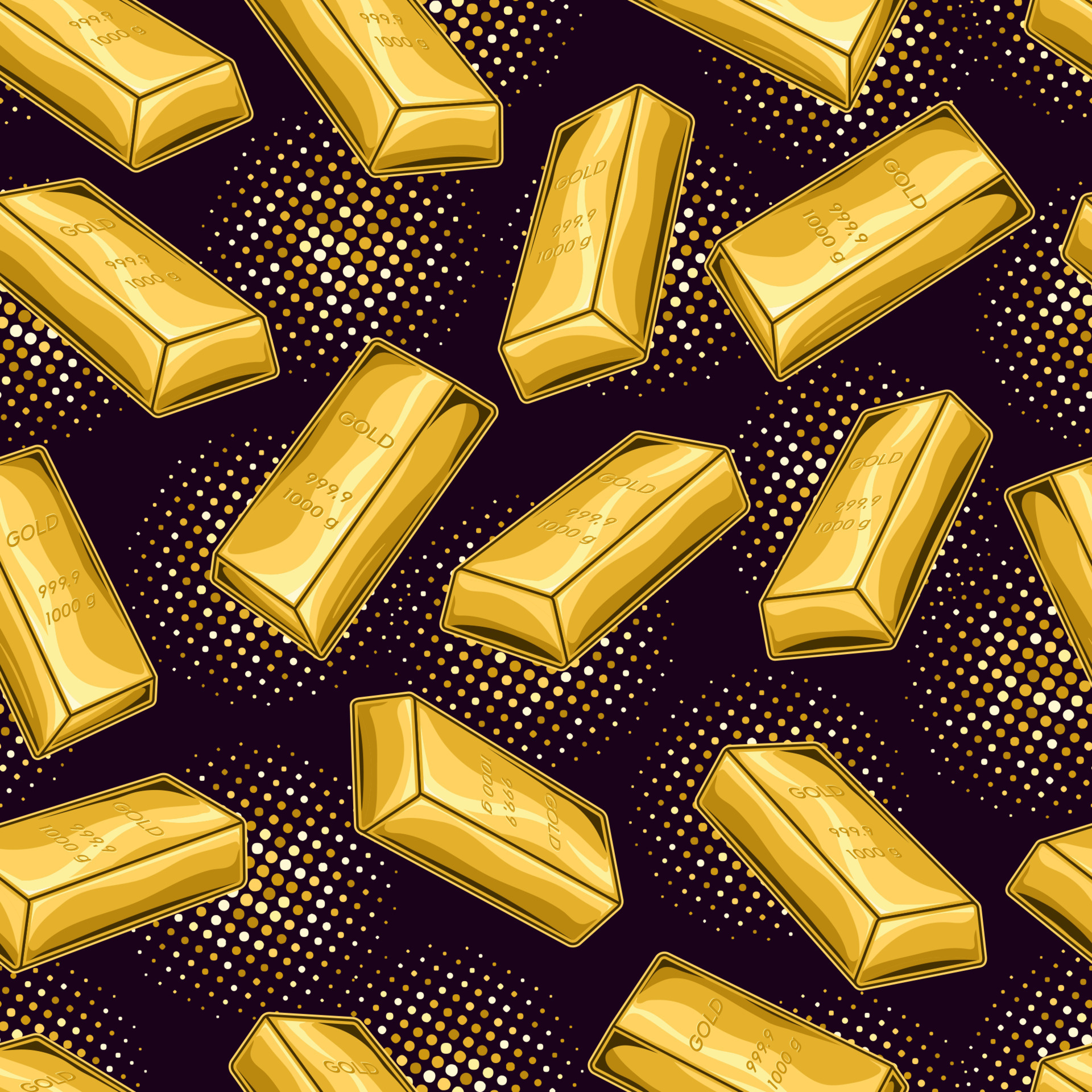 Pattern with volumetric pure gold bars and dotted halftone round shapes