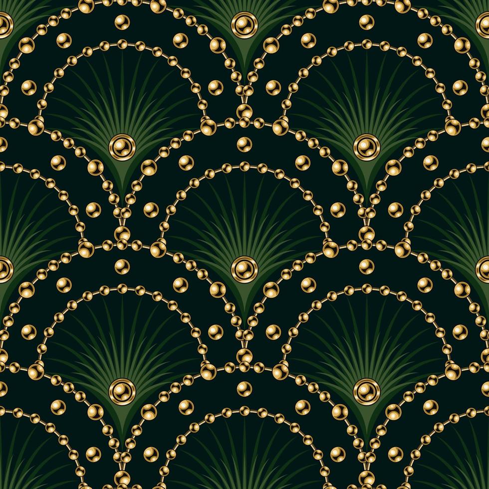 Seamless green pattern with fan shaped grid, gold ball chains, beads, thin color rays inside of grid cell. Classic luxury background. vector