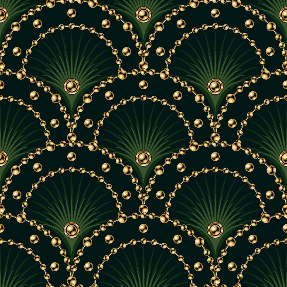 Seamless green pattern with fan shaped grid, gold ball chains, beads, thin color rays inside of grid cell. Classic luxury background. vector