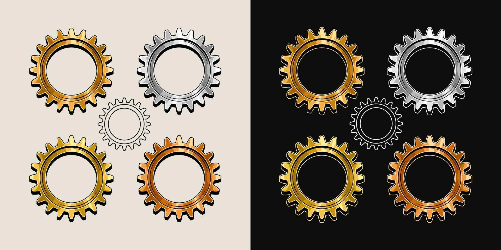 Gold, brass, copper, steel polished gears in vintage style. Base shape of gears with editable strokes. Good for decoration in steampunk style. Vector. vector