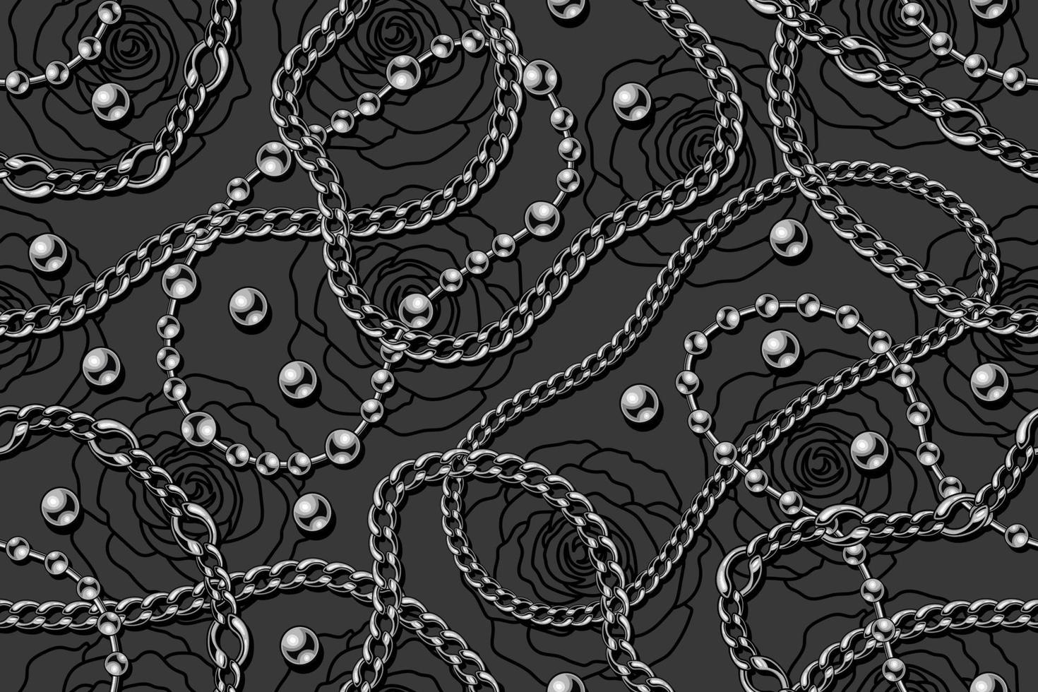 Seamless gray pattern with silver beads, strings of metal beads, stainless chains, linear black roses on a dark background. Vector illustration