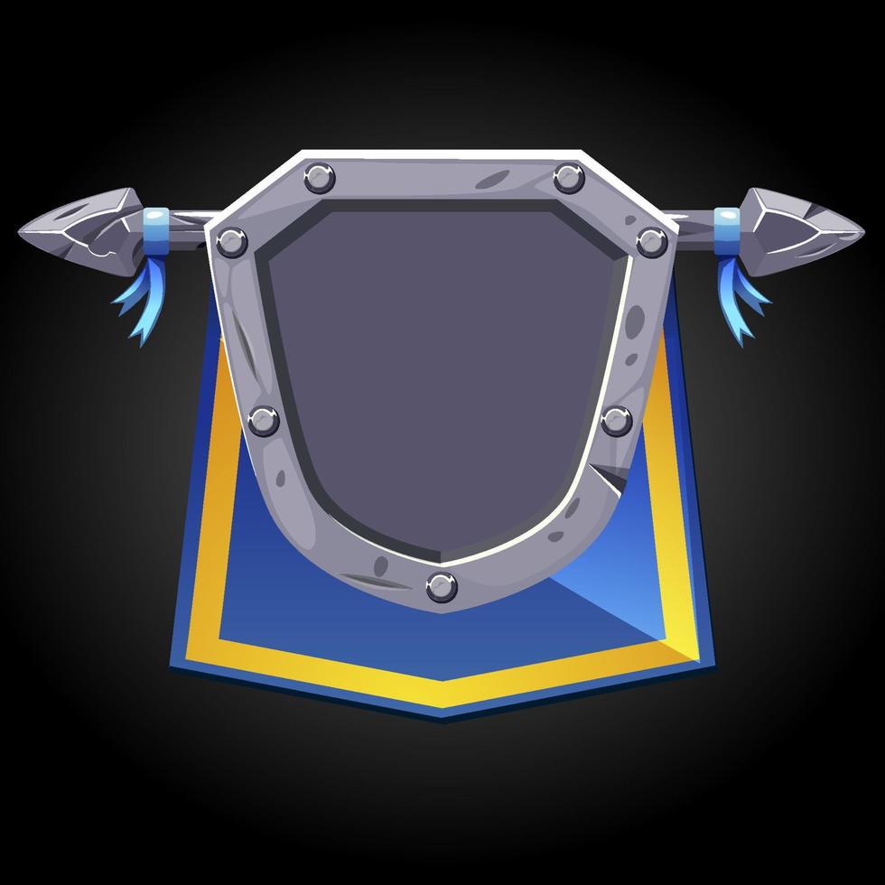 Banner stone old shield and blue flag. Vector illustration of a flag on the spear for the game.